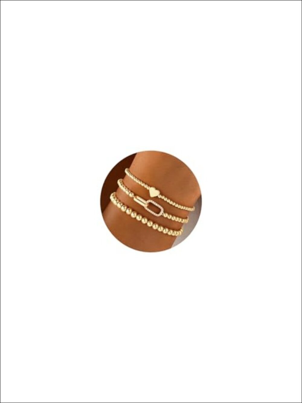 14K Gold Plated Beaded Stretch Bracelet Set 3PCS Stackable CZ Charm 7"